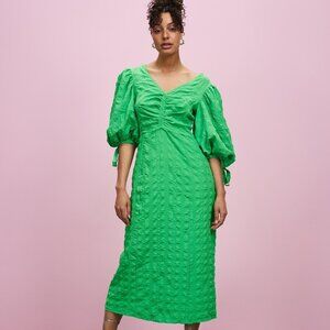 TopShop Textured Seersucker Puff Sleeve Midi Dress in Green